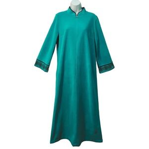 Vtg Green Long Lounge Velour 1/2 Zip Embroidered Kimono Sleeve Robe Made USA M